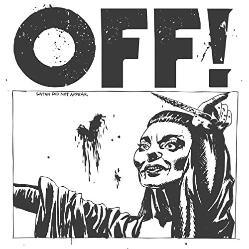 Black and white illustration of a woman with a knife, text reads OFF! above.