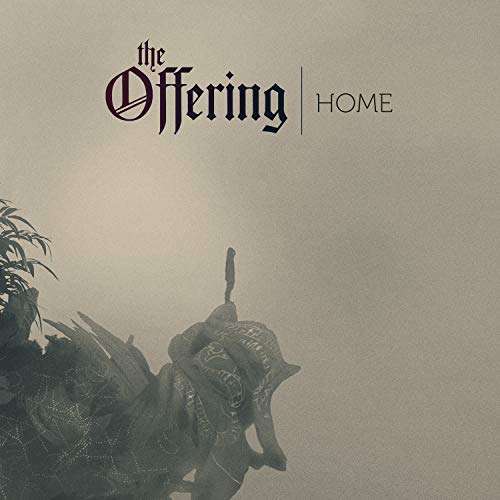 "Album cover with knight in armor, foggy background, and 'The Offering | Home' text."