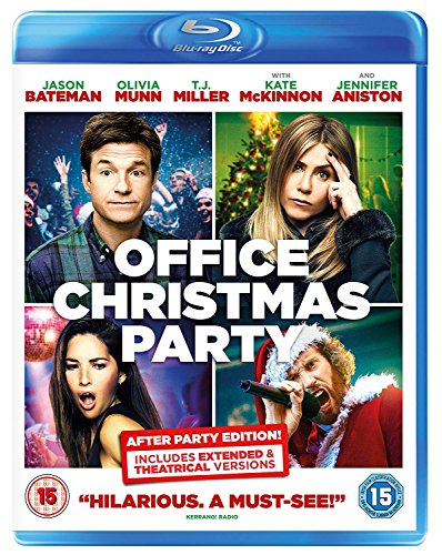 Blu-ray cover for "Office Christmas Party" featuring Jason Bateman and Jennifer Aniston.
