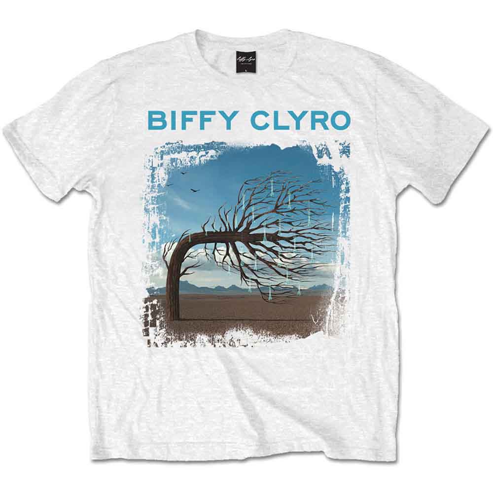 White Biffy Clyro t-shirt with landscape and tree graphic.