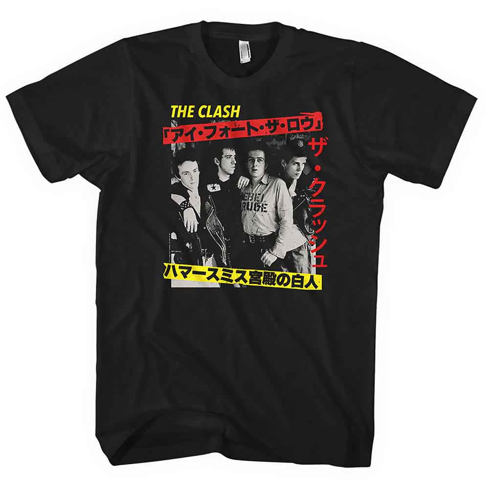 Black t-shirt featuring The Clash band photo with red and yellow Japanese text graphics.