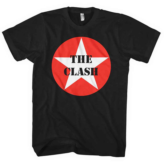Black t-shirt with a red star and white "The Clash" text.