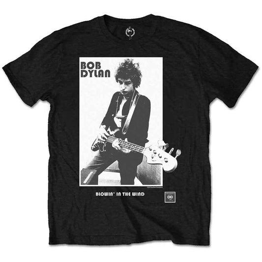 Black t-shirt with a white graphic of Bob Dylan playing guitar.