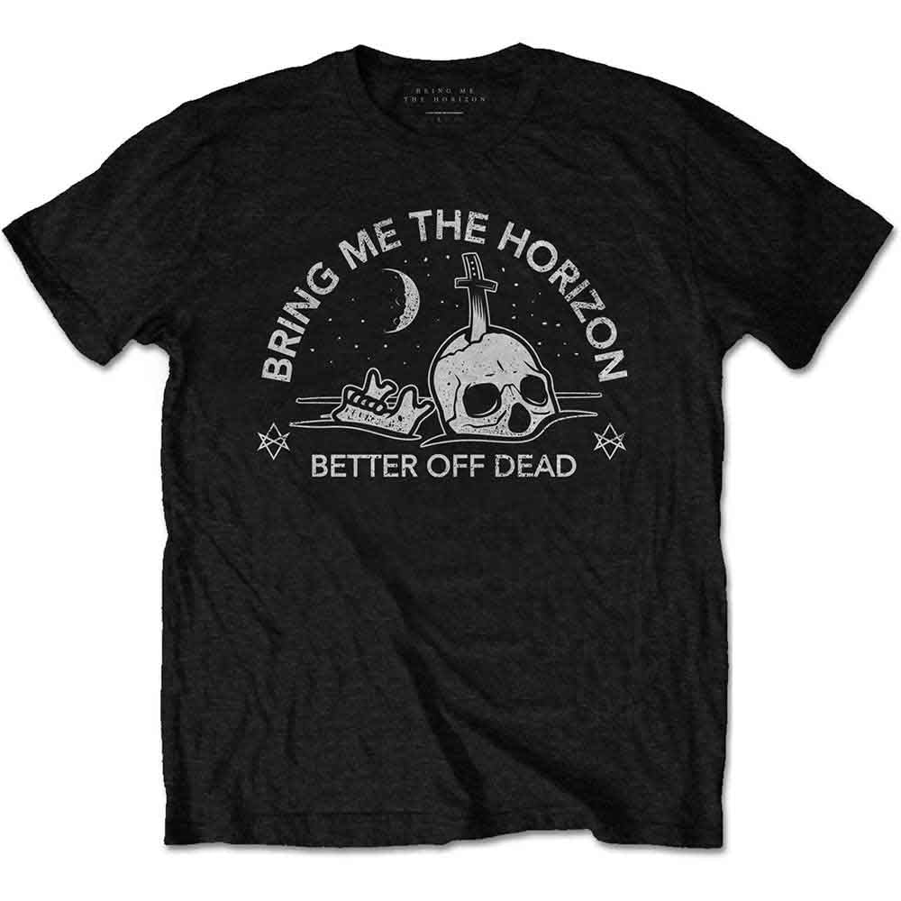 Black t-shirt with a skull, crescent moon, and band logo design.
