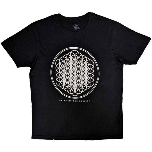 Black t-shirt featuring a white geometric flower of life design and band name text.