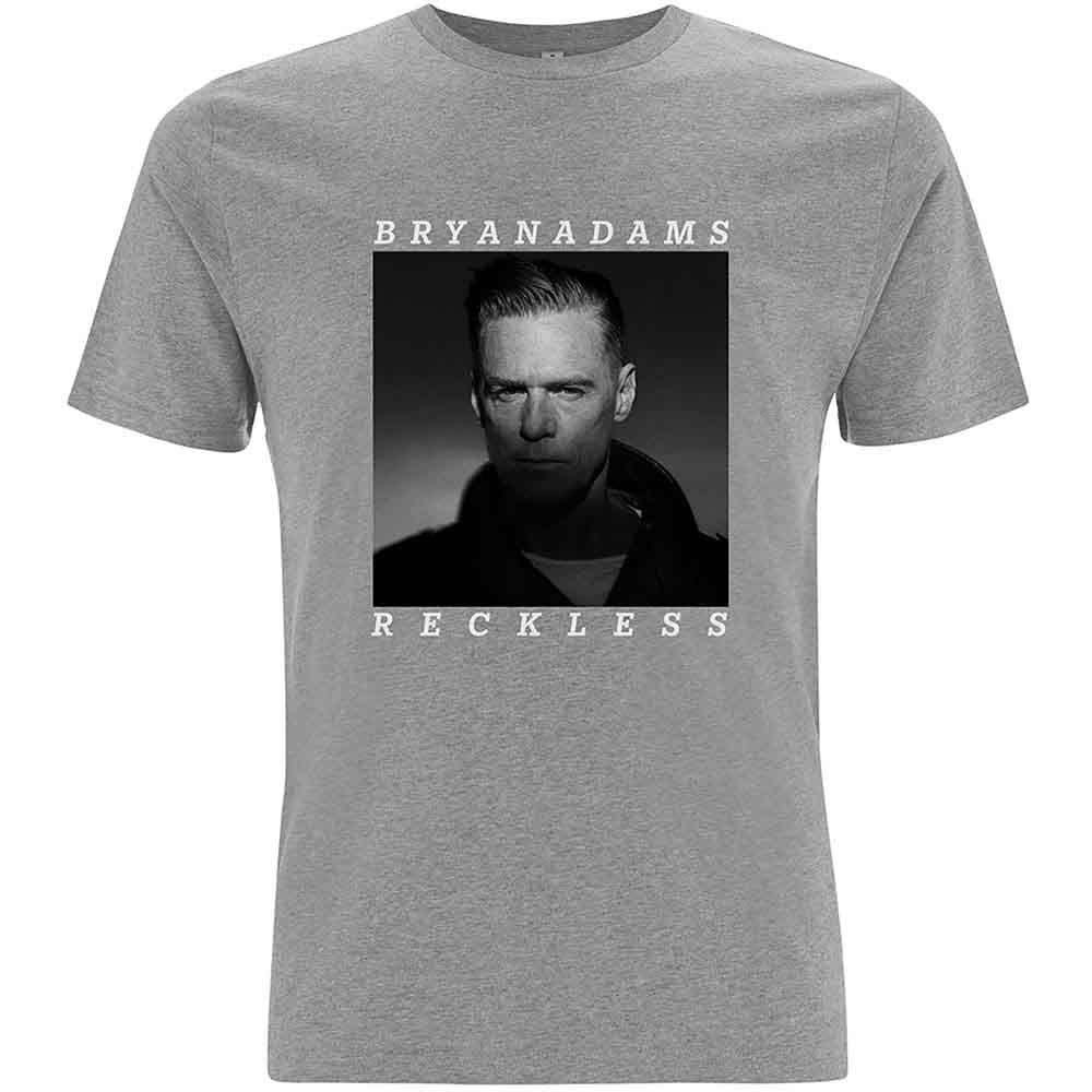 Grey t-shirt with black and white portrait of Bryan Adams and "Reckless" text.