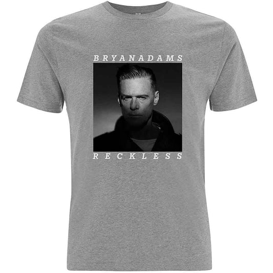 Grey t-shirt with black and white portrait of Bryan Adams and "Reckless" text.