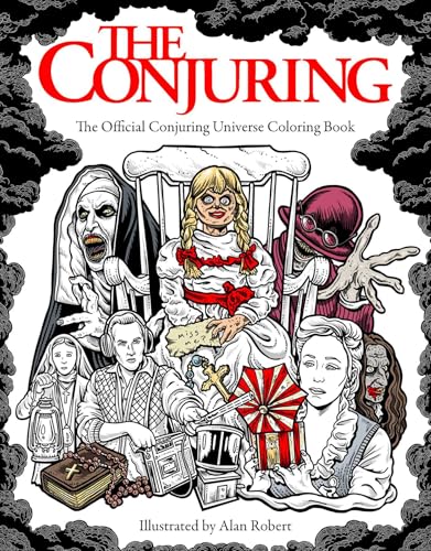 The Conjuring" coloring book cover featuring horror characters and imagery.