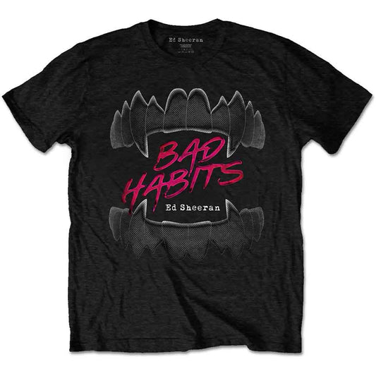 Man wearing a black Ed Sheeran "Bad Habits" t-shirt with teeth graphic.