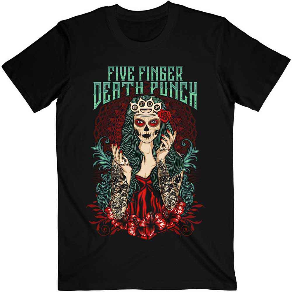 Black t-shirt with colorful Day of the Dead inspired skull graphic.