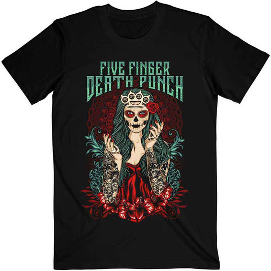 Black t-shirt with colorful Day of the Dead inspired skull graphic.