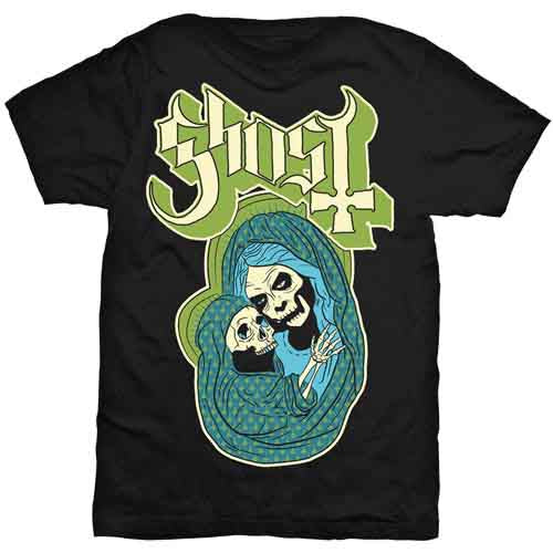 Black t-shirt with Ghost band logo and skeletal Madonna image.