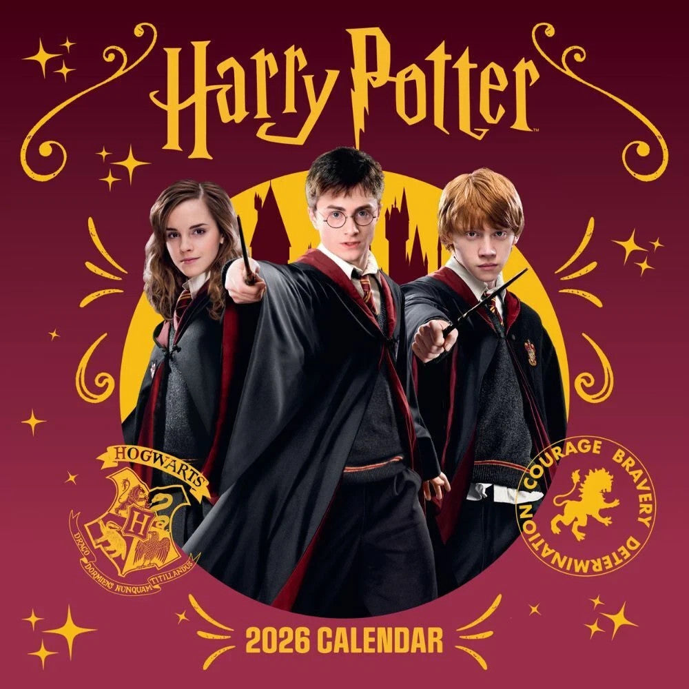Harry Potter calendar 2026 featuring Harry, Ron, and Hermione in Hogwarts robes.