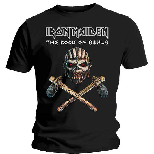 Man wearing a black Iron Maiden t-shirt featuring a skull and crossed axes.