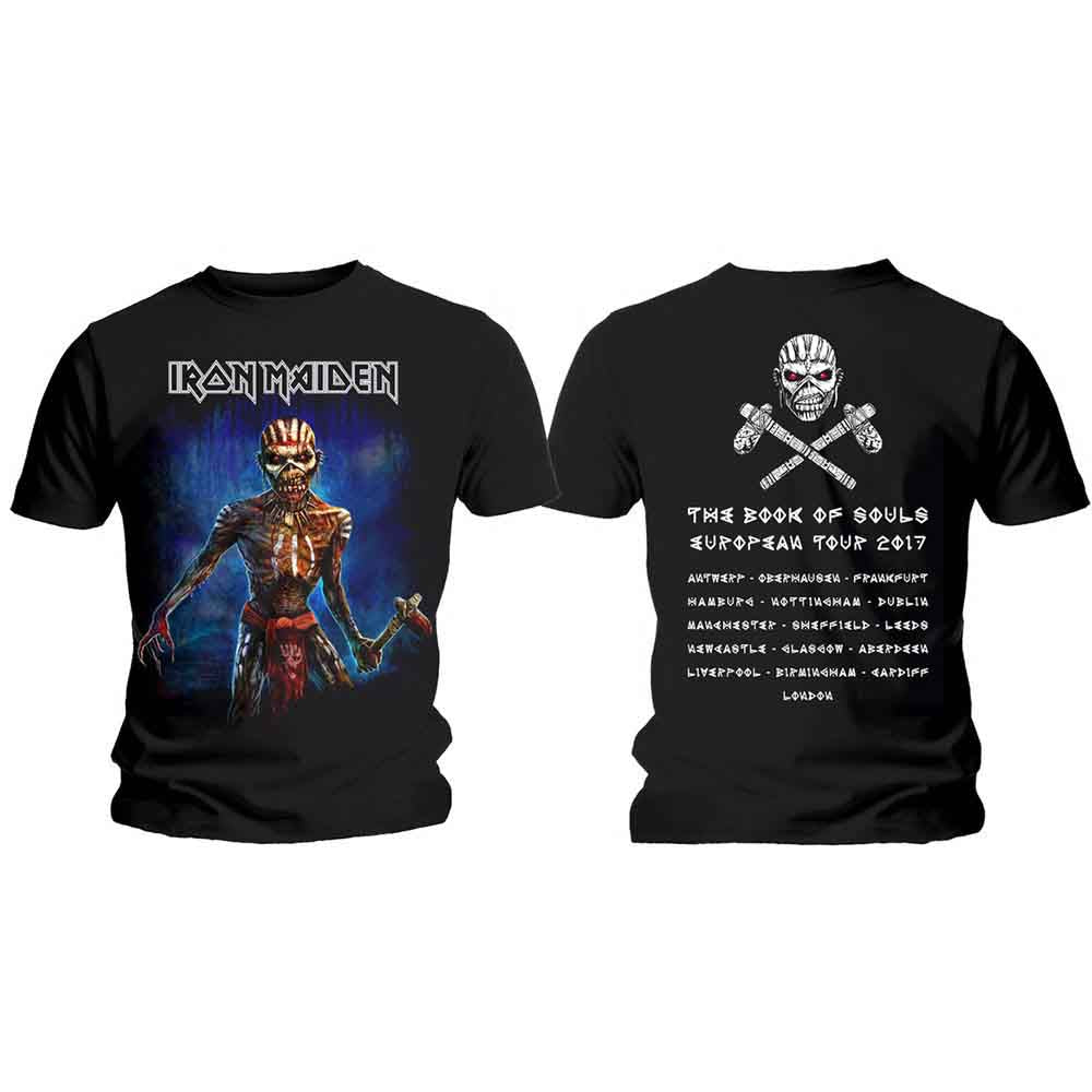 Black Iron Maiden t-shirt featuring Eddie wielding axes on the front.