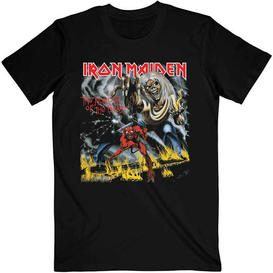 A man wearing a black Iron Maiden Number of the Beast graphic t-shirt.
