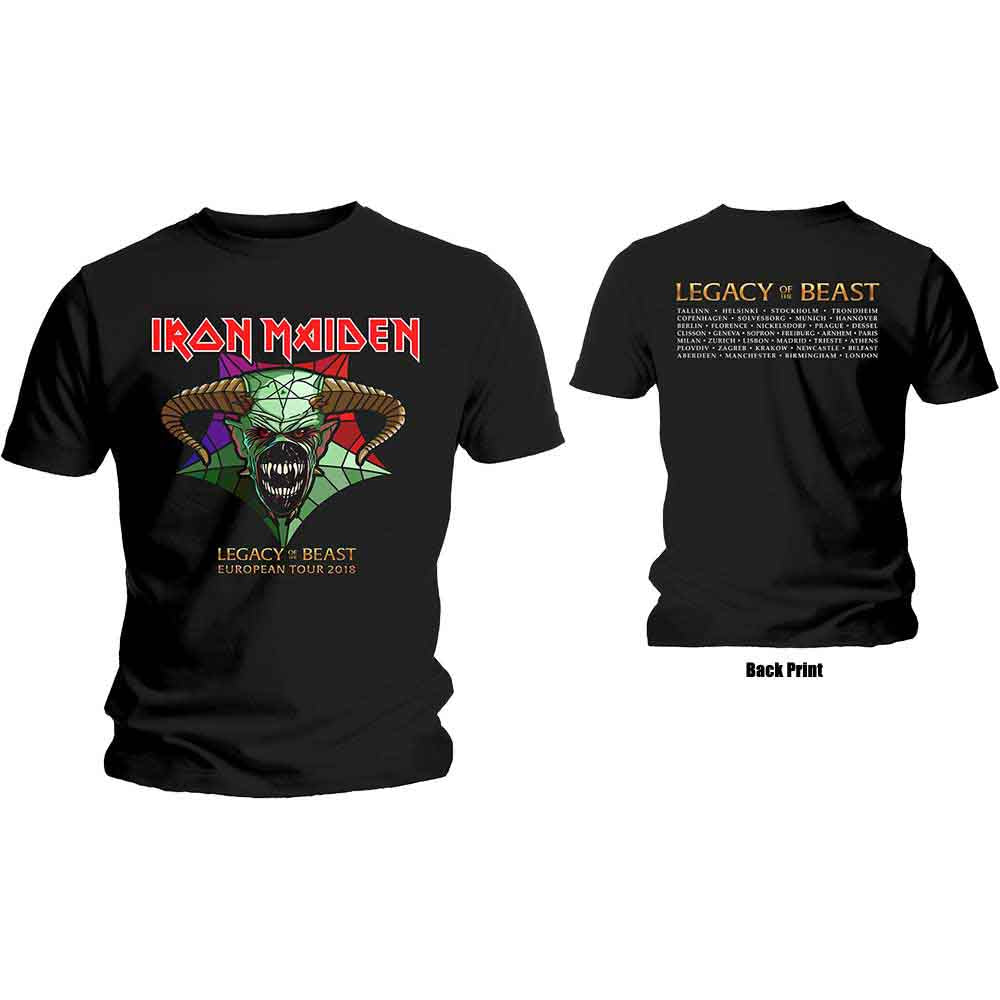 Black t-shirt with Iron Maiden’s Eddie and “Legacy of the Beast” logo.