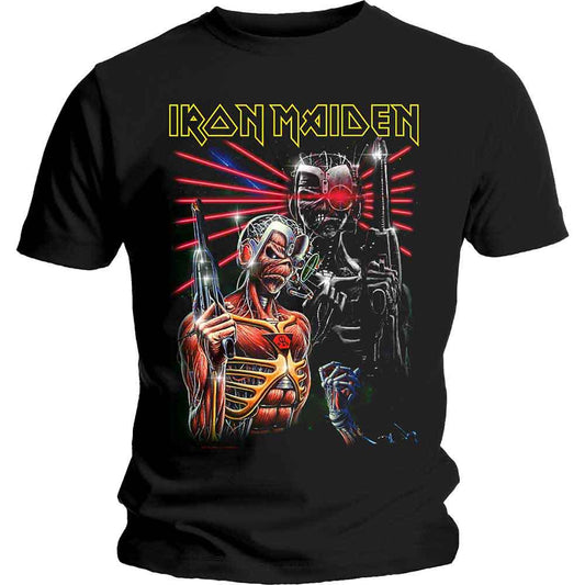 A man wearing a black Iron Maiden t-shirt with a graphic of Eddie.