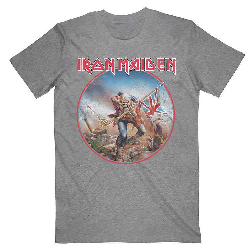 Gray t-shirt with a circular Iron Maiden graphic of Eddie h