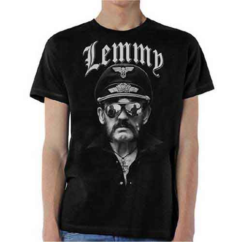 Black t-shirt with a grayscale portrait of Lemmy Kilmister.