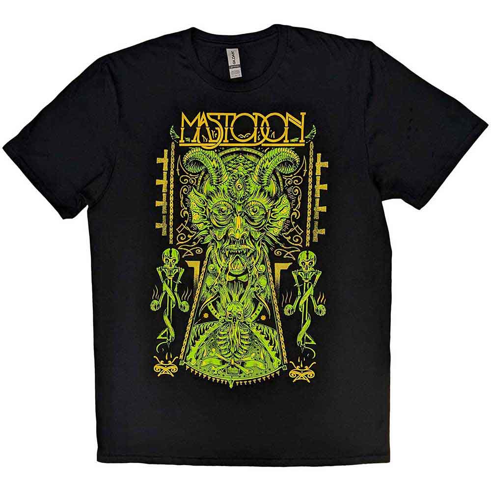 Black t-shirt with a large, detailed green Mastodon graphic print.