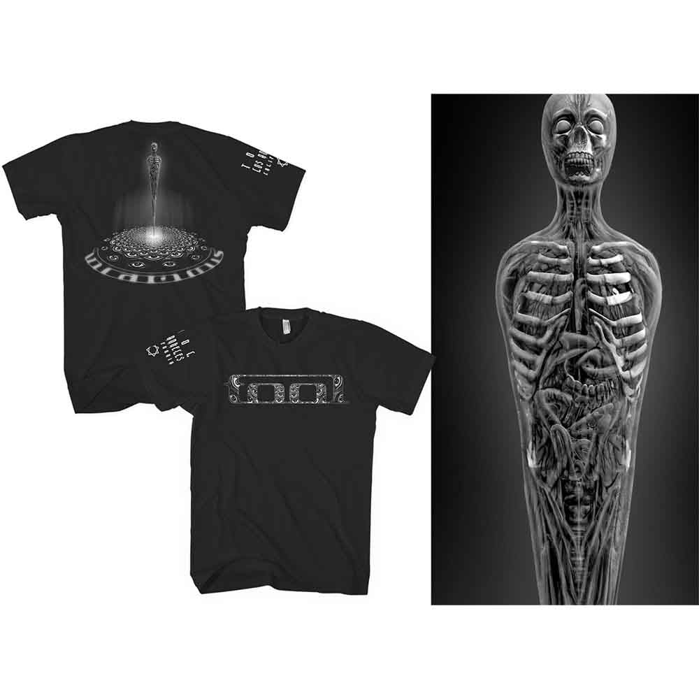Black t-shirt with white “TOOL” logo and small text on sleeve.