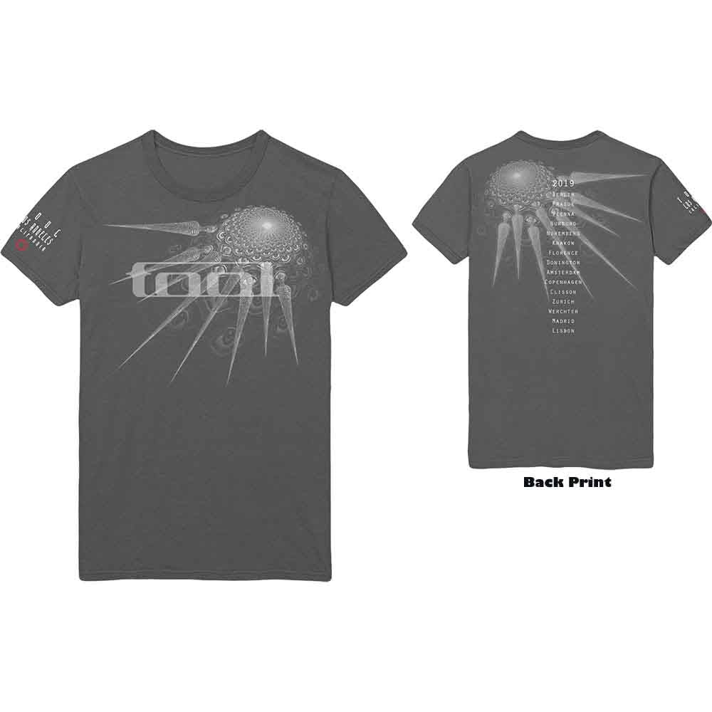Charcoal grey Tool band t-shirt featuring a white geometric spike and eye graphic.