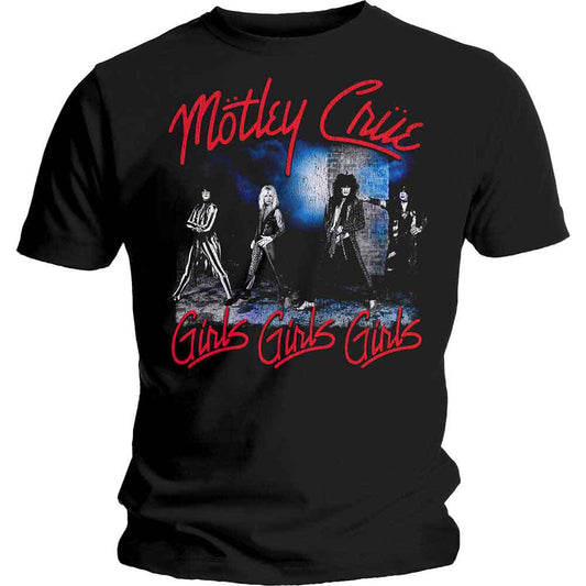 Black t-shirt featuring a Motley Crue band photo and Girls Girls Girls text.