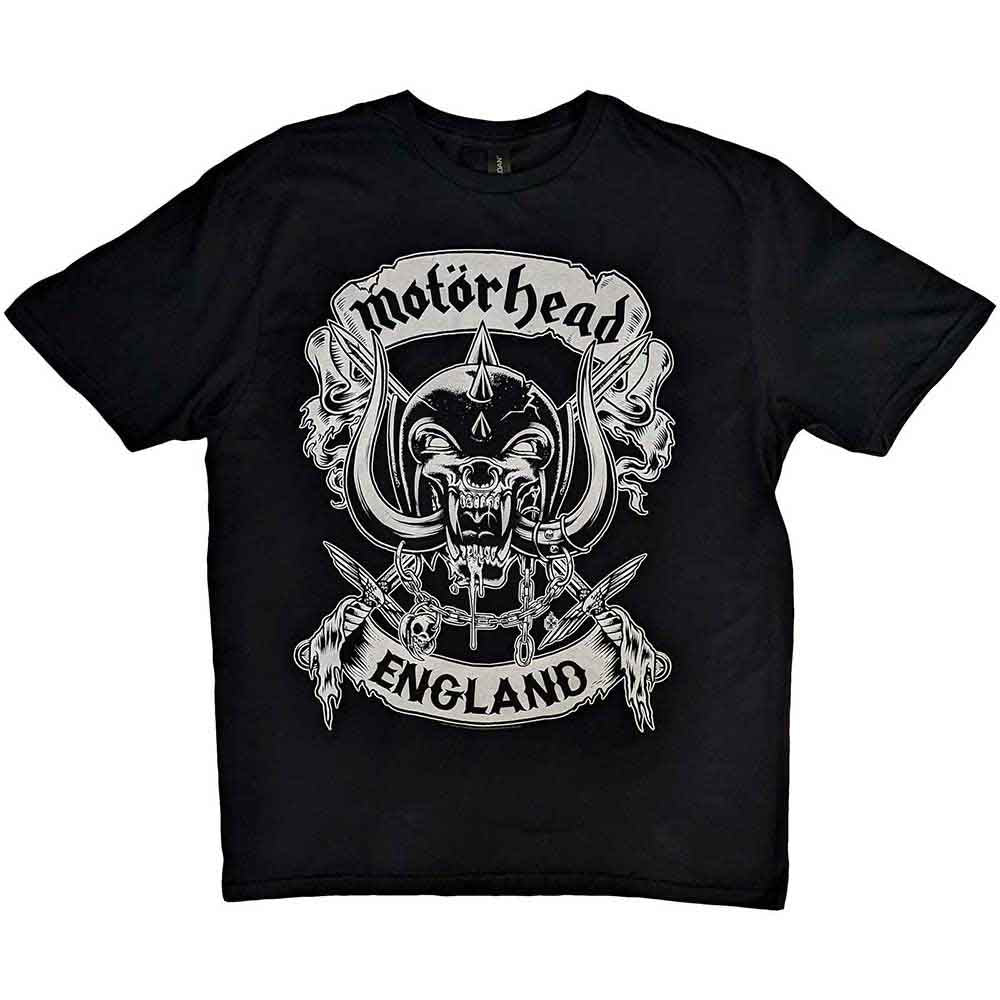 Black t-shirt with white Motorhead logo featuring a skull and crossed swords.