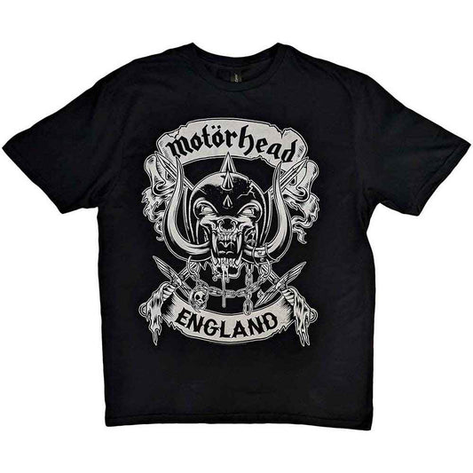 Black t-shirt with white Motorhead logo featuring a skull and crossed swords.