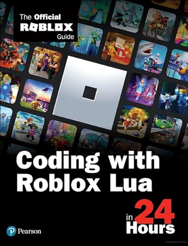 Book cover titled Coding with Roblox Lua in 24 Hours featuring various game thumbnails.
