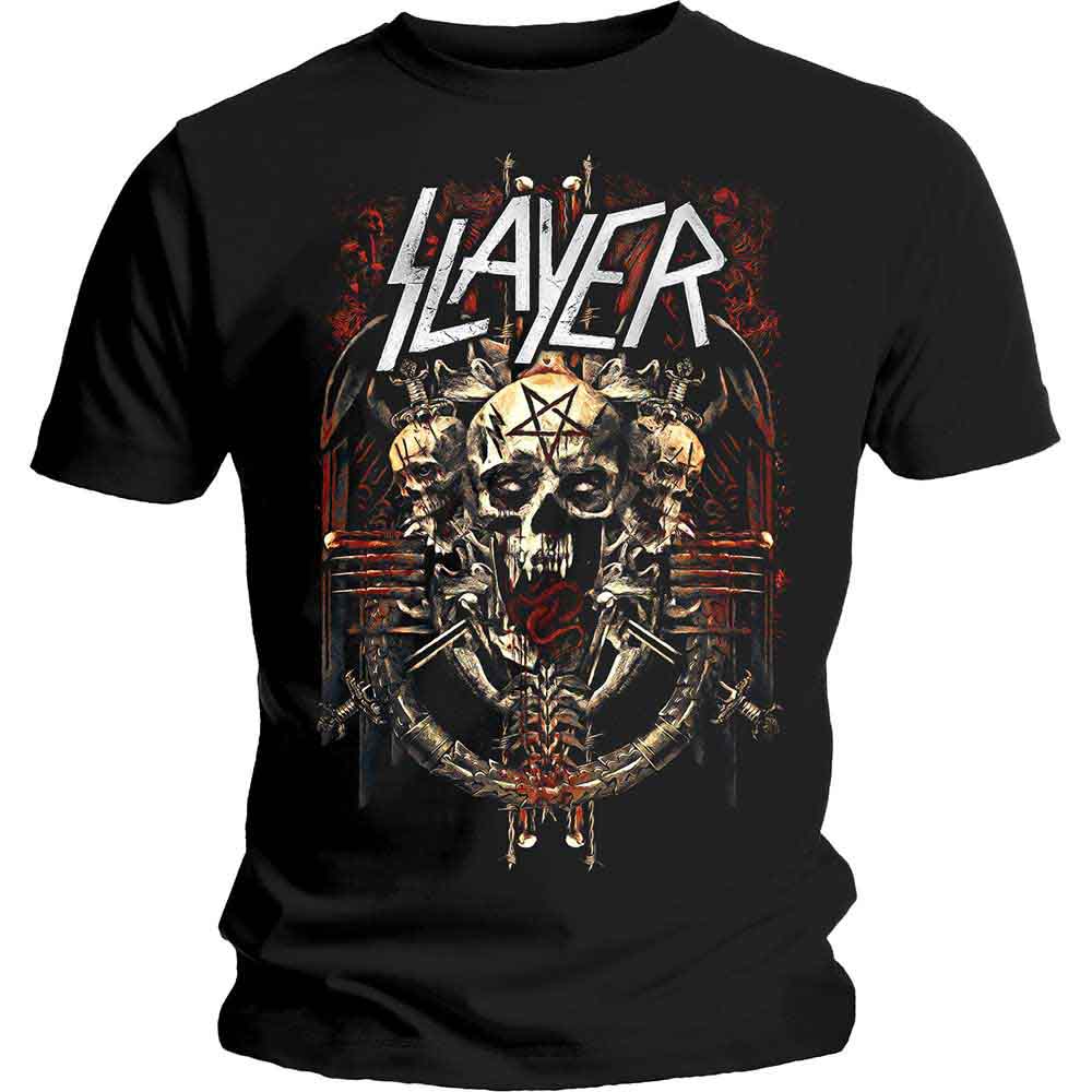 Black t-shirt with Slayer logo and demonic skull graphic.
