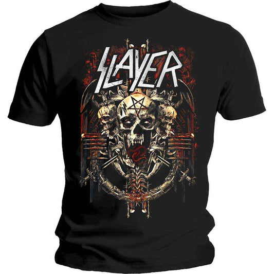 Black t-shirt with Slayer logo and demonic skull graphic.