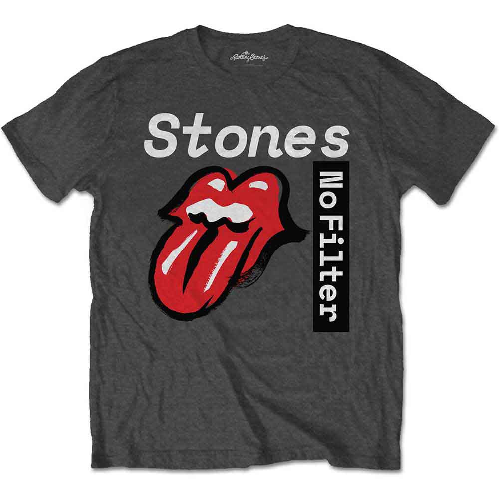 Dark grey t-shirt with Rolling Stones lips and "No Filter" text.