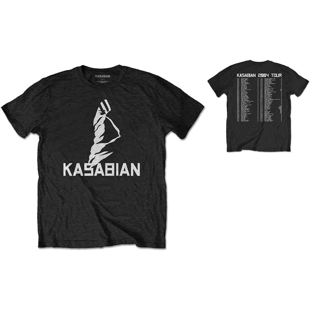 Black Kasabian t-shirt with a white graphic of a face and band name.