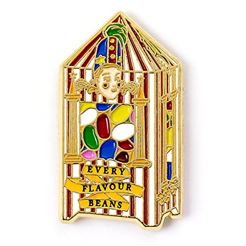 Enamel pin of Bertie Bott's Every Flavour Beans box with a jester head design.