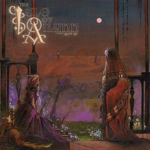 "Album cover art: two women in robes on a balcony, fantasy landscape."