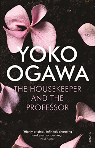 Book cover with pink flower petals on a black background, titled "The Housekeeper and the Professor".