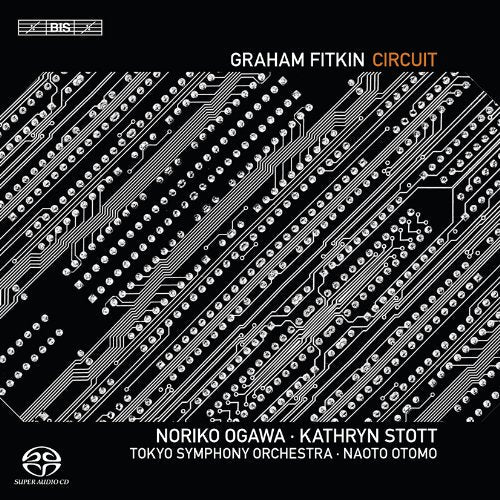 CD cover with white circuit board design, text naming artists and orchestra.