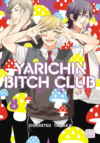 Three anime-style male characters pose against a purple background filled with colorful mushroom illustrations.