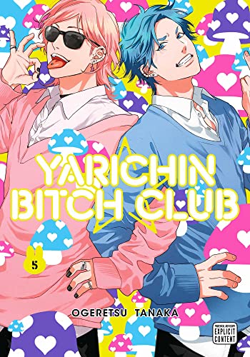 Manga cover featuring two young men with pink and blue hair against mushroom background.