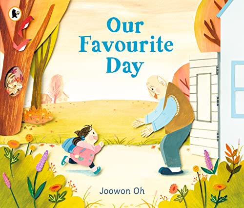 Book cover: girl running to greet smiling grandfather outdoors.