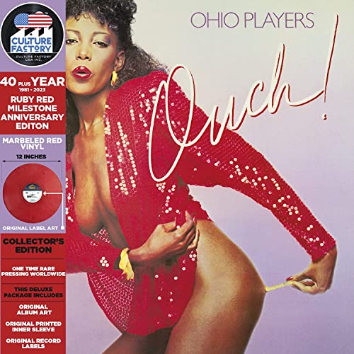 A woman in a red sequined top poses on the Ohio Players Ouch album cover.