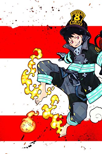 Anime illustration of a young firefighter with flames, against a red and white background.
