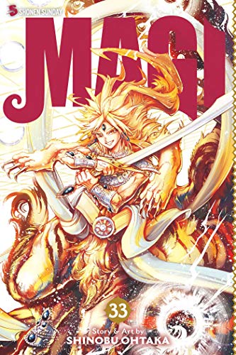 Magi volume 33 cover: blonde warrior with swords, ornate details.