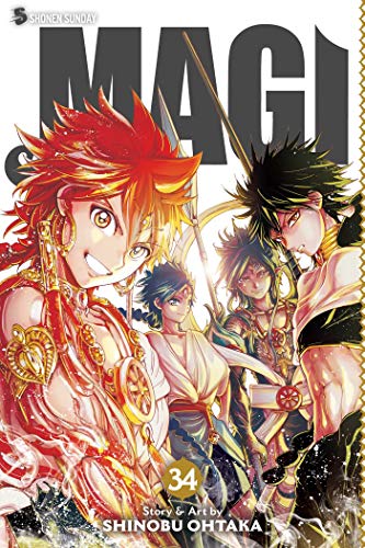 Magi 34 cover: anime-style characters with vibrant hair and ornate clothing.