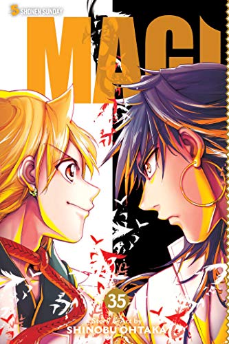 Magi 35 manga cover featuring two young men with colorful hair and ornate earrings.