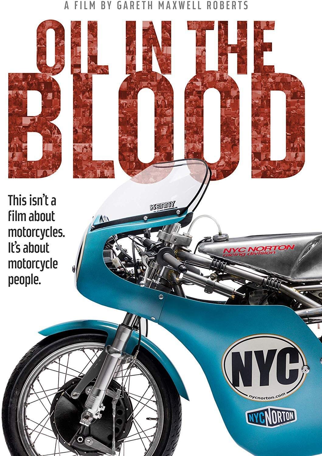 DVD cover for "Oil in the Blood" featuring a blue motorcycle against a white background.