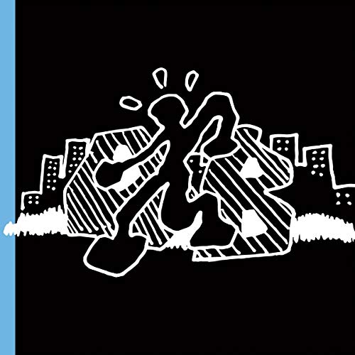 White abstract figures fighting in front of a cityscape on black background.
