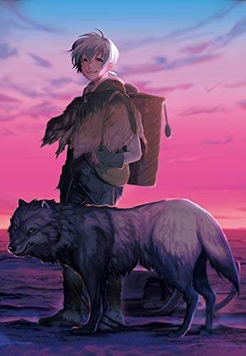 Boy with wolf companion against a pink and purple gradient sky.
